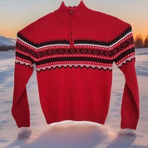 Carbon women's pullover 1/4-zip sweater, size small, red with nordic details